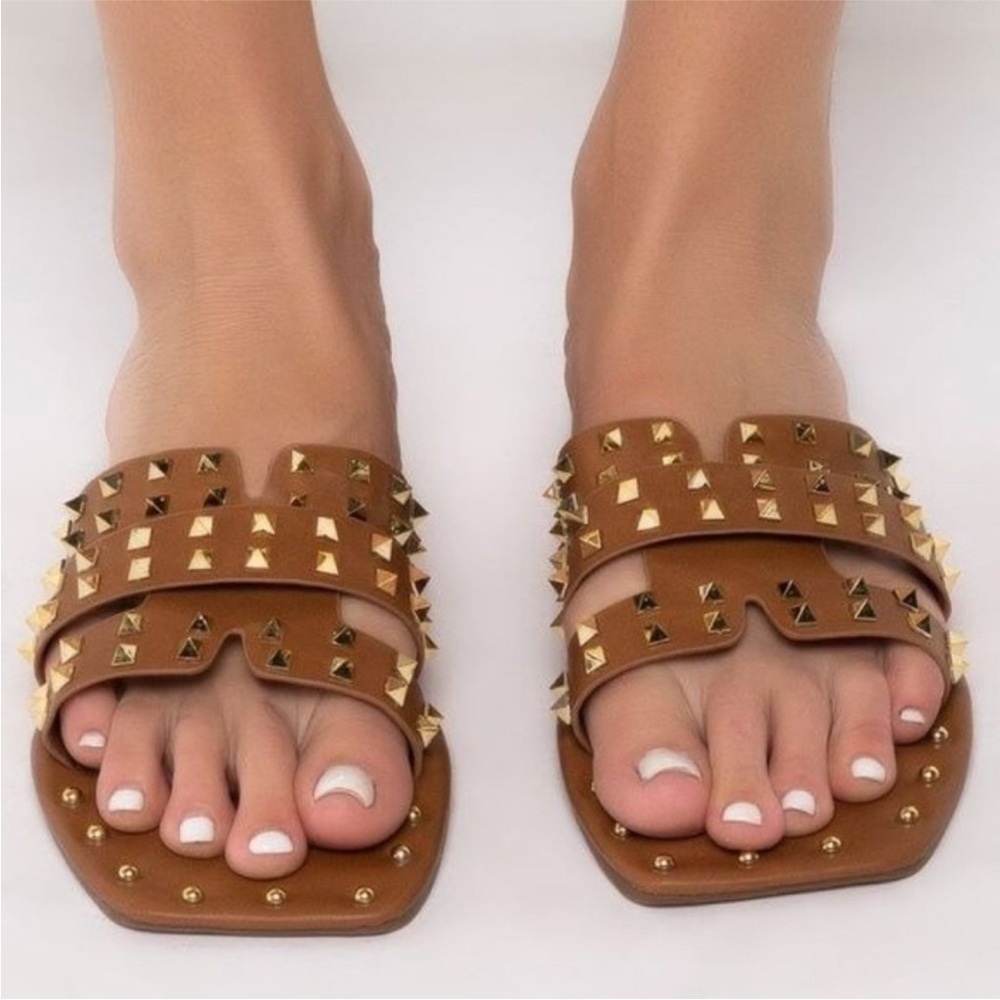 Miz Spiked: Gold Studded Black or Tan Slide